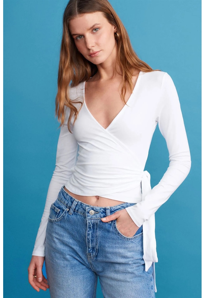 Bluza crop casual - detaliu cu snur - alb - tricot din bumbac - modal si elastan