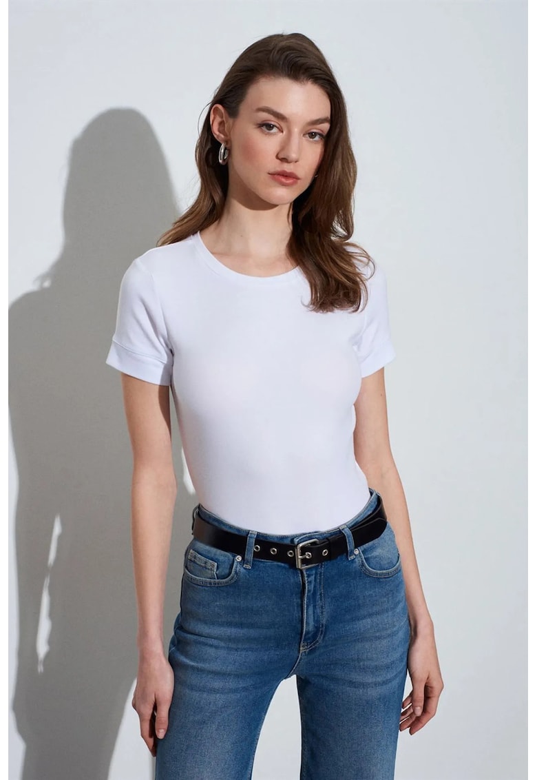 Tricou dama - tricou cu guler rotund - slim fit - alb - bumbac-modal-elastan