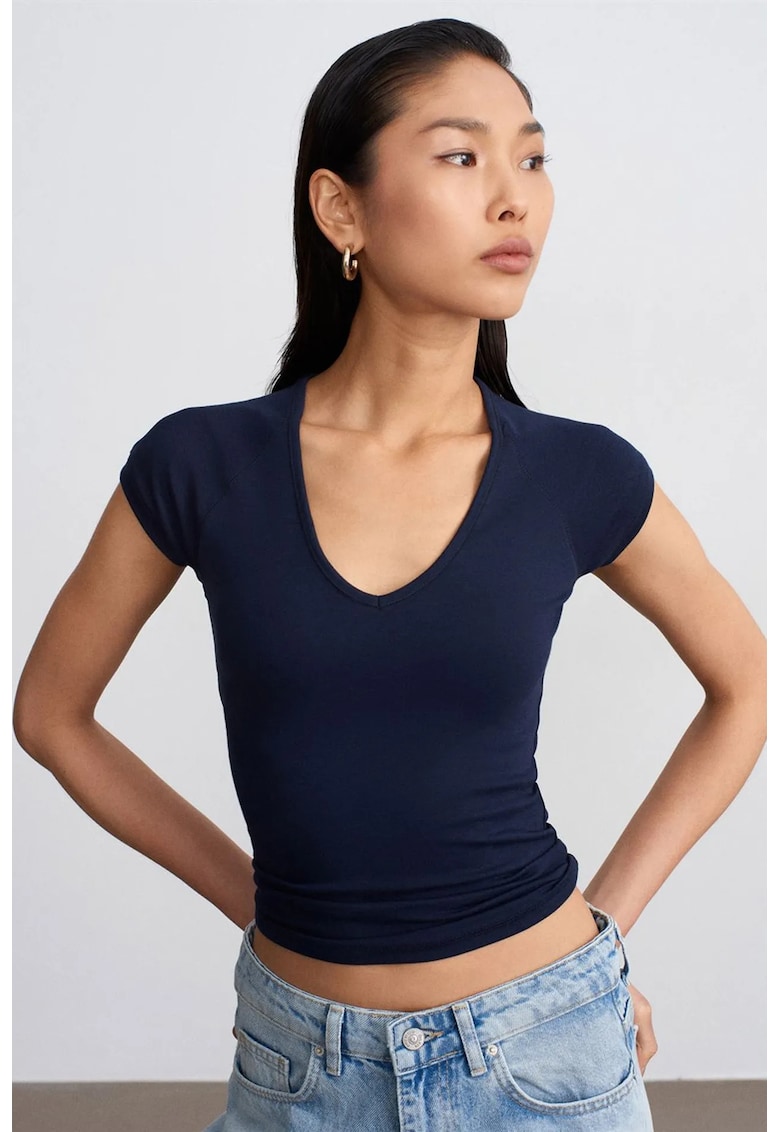 Bluza dama - crop slim fit - elastic - bleumarin - bumbac/modal/elastan