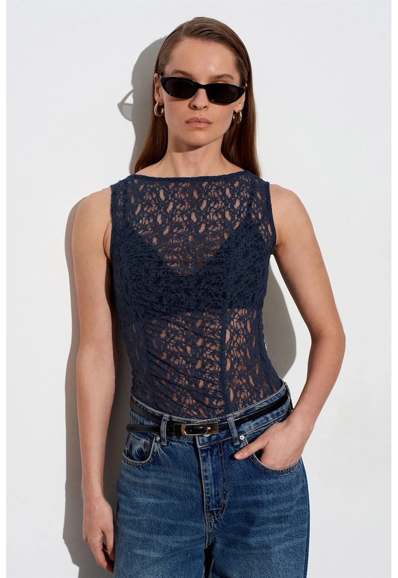 Bluza dama - bluza mulata din dantela - captusita - albastru marin - poliamida-elastan