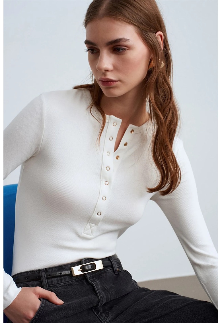 Bluza dama - bluza cu guler rotund - maneca lunga - alb prafuit - bumbac/modal/elastan