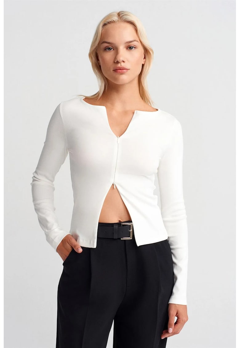 Bluza dama - Bluza Slim Fit cu fermoar - Alb - amestec de bumbac