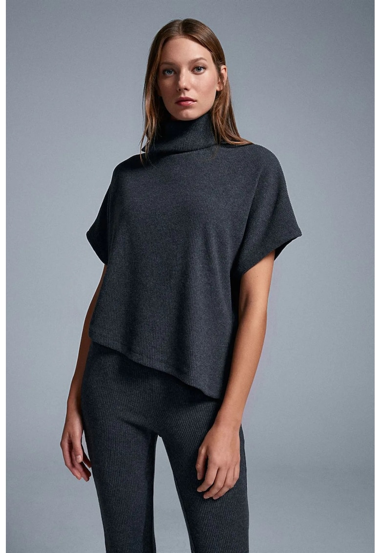 Bluza dama - casual - gri antracit - tricotata - cu guler tip maleta - maneca scurta