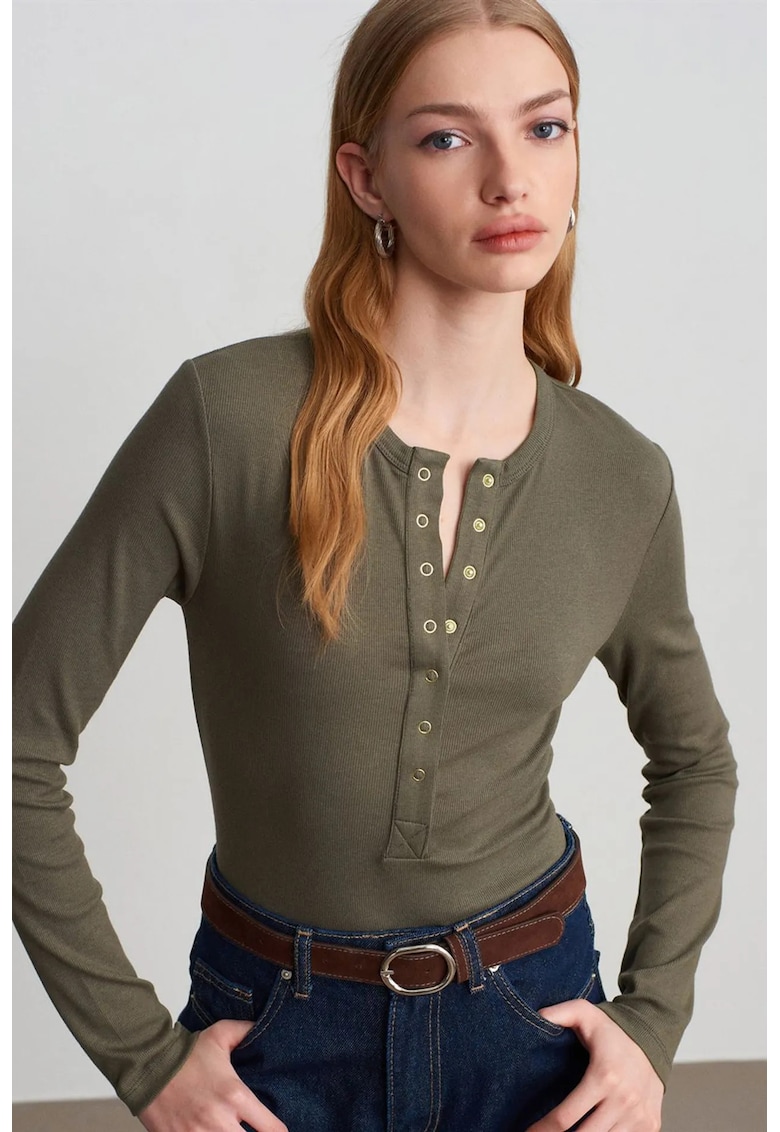 Bluza dama - Bluza cu guler rotund - maneca lunga - verde kaki - bumbac/modal/elastan