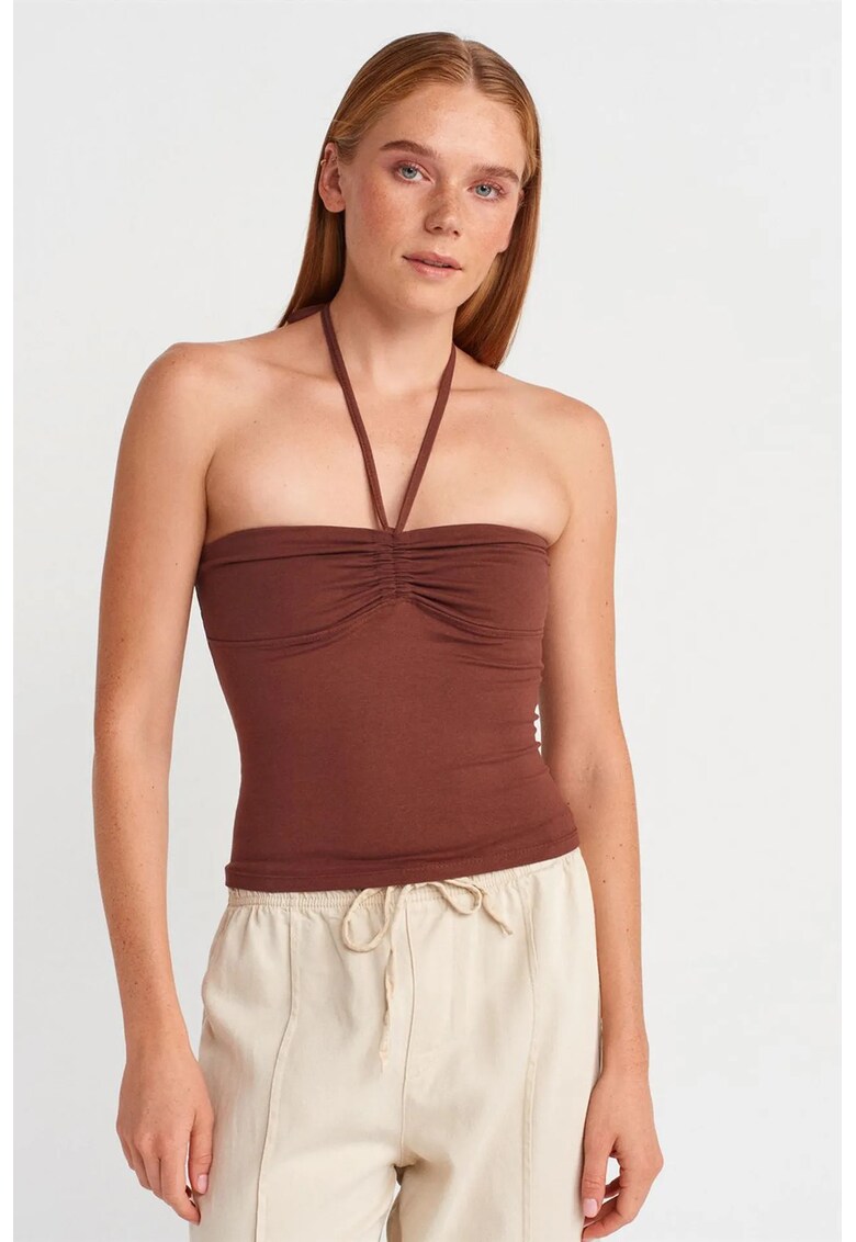 Bluza dama - crop - detaliu cu snur - maro nuc - bumbac elastan