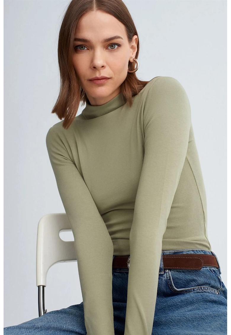 Top dama - slim fit - maneca lunga - verde salvie - bumbac cu elastan
