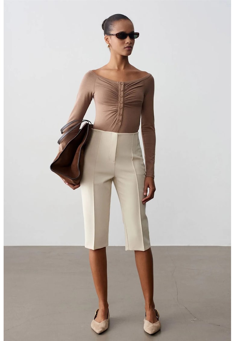 Pantaloni scurti dama - Capri - talie inalta - crem natural - poliester-viscoza-elastan