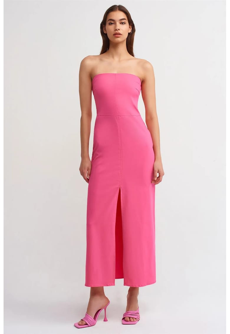 Rochie Midi Femei Roz Intens - Eleganta - Fara Bretele - Cu Slit - Bumbac