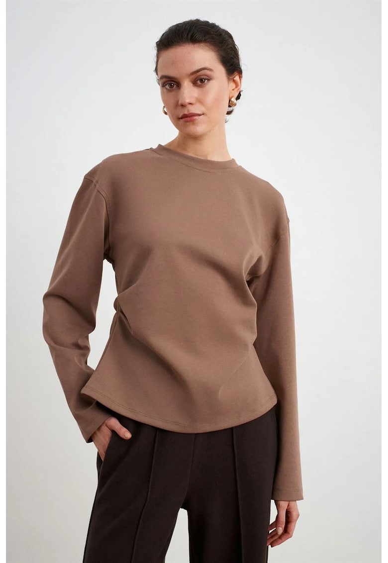 Bluza dama - regular fit - detaliu drapat - culoare maro - bumbac - poliester - elastan
