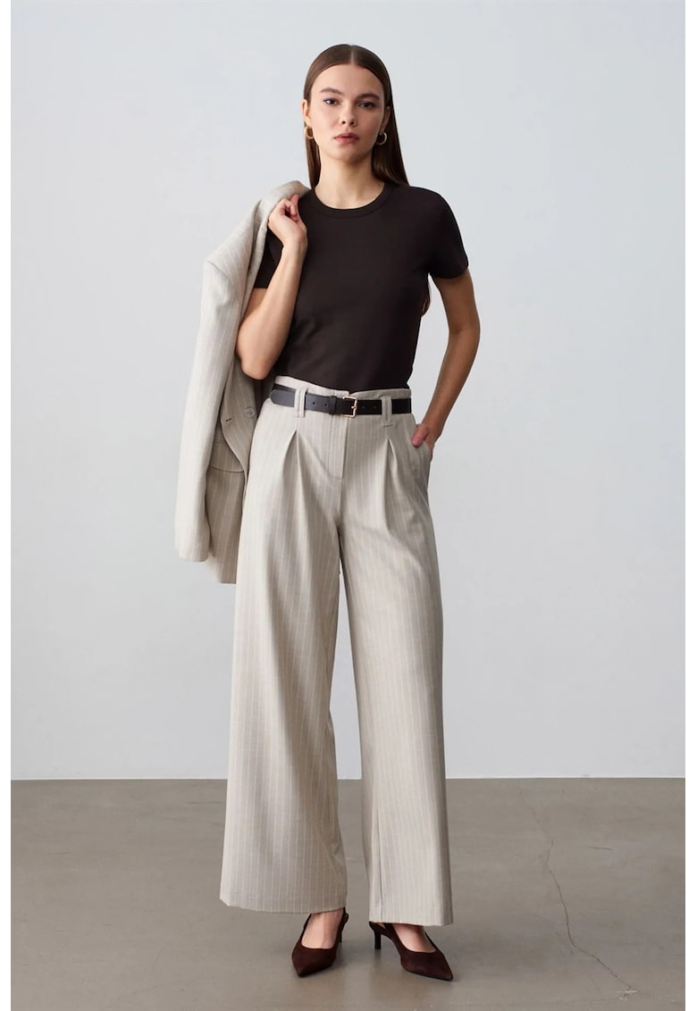 Pantaloni dama - plisati - casual - piatra naturala - poliester-viscoza-elastan