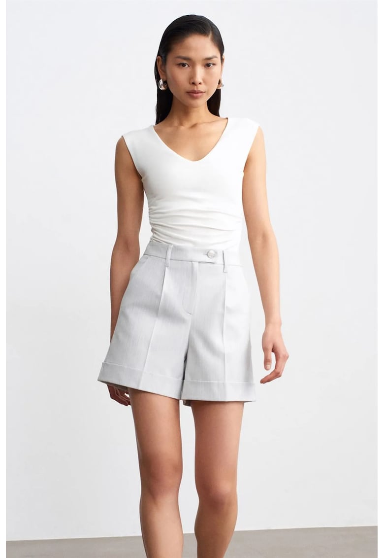 Pantaloni scurti dama - talie inalta - croiala regular - alb prafuit - poplin
