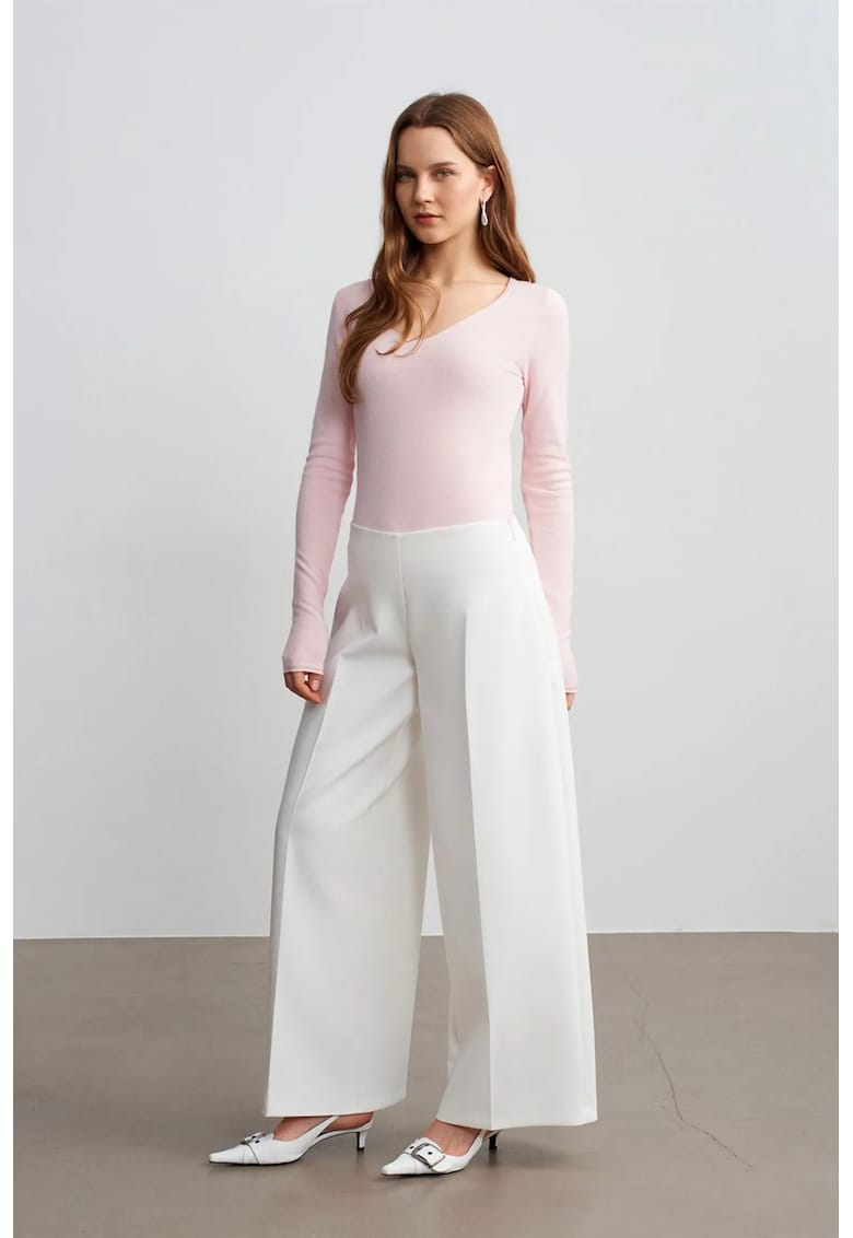 Pantaloni dama - crepe - talie inalta - picior larg - alb prafuit - 75% poliester