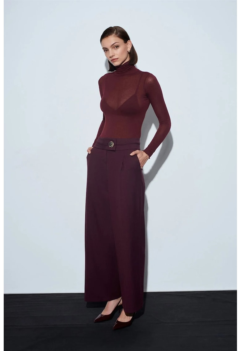 Pantaloni dama - talie inalta - picior larg - rosu burgundy - crep