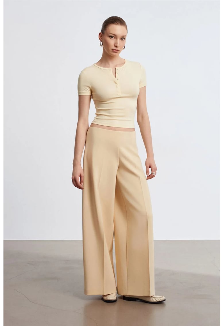Pantaloni dama - talie inalta - picior larg - bej natural - Bej