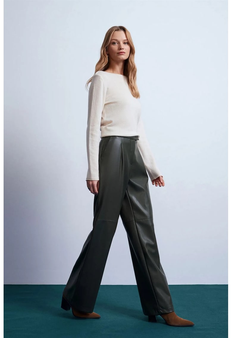 Pantaloni dama - talie inalta - croiala larga - verde padure - imitatie de piele -