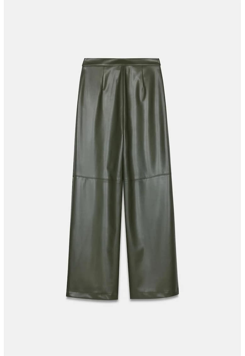 Pantaloni dama - talie inalta - croiala larga - verde padure - imitatie de piele