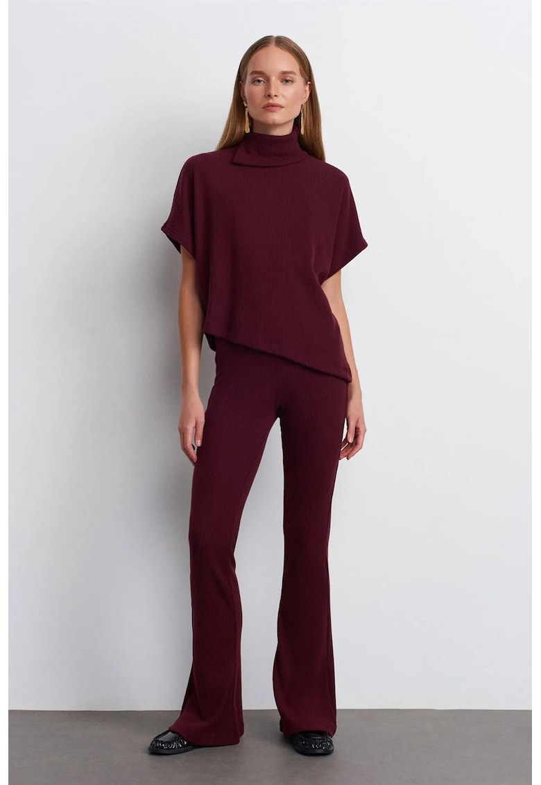Pantaloni dama - tricotati evazati - elastic - rosu burgundy - poliester-viscoza-elastan