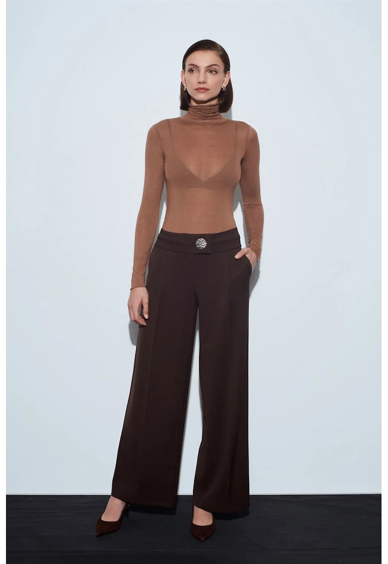Pantaloni dama - talie inalta - picior larg - maro mocha inchis - Maro