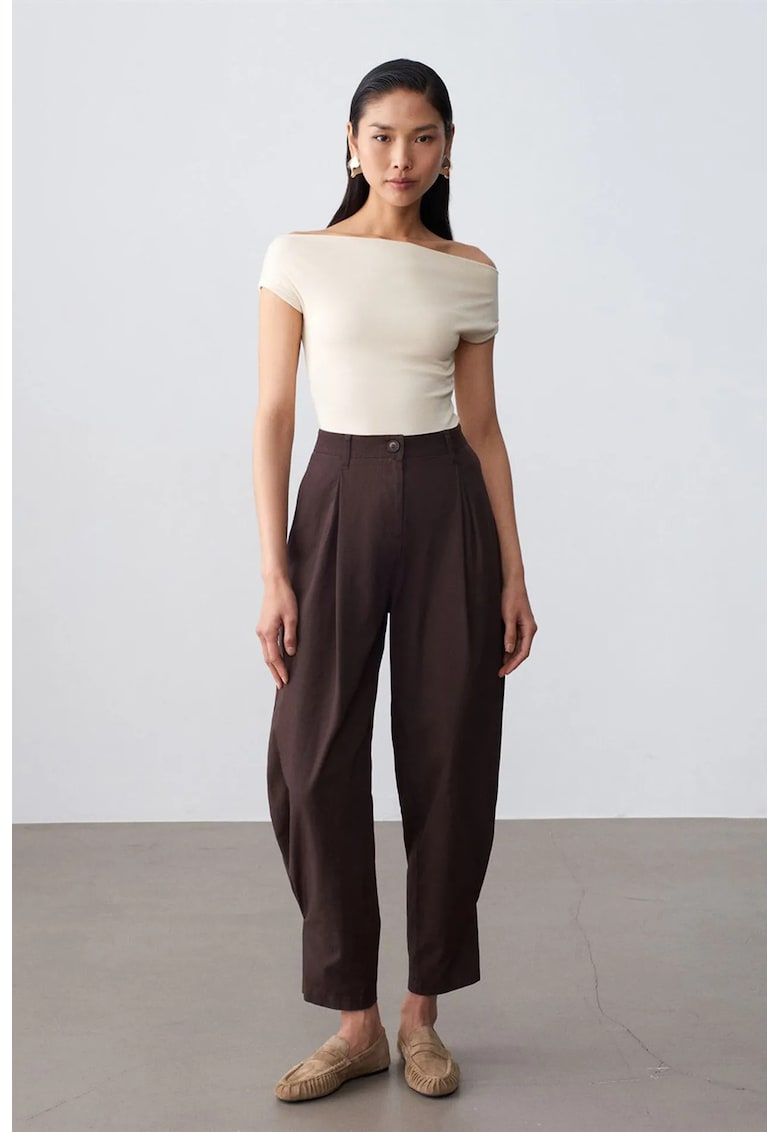 Pantaloni dama - talie inalta - croiala larga - maro cafea - poplin - Maro
