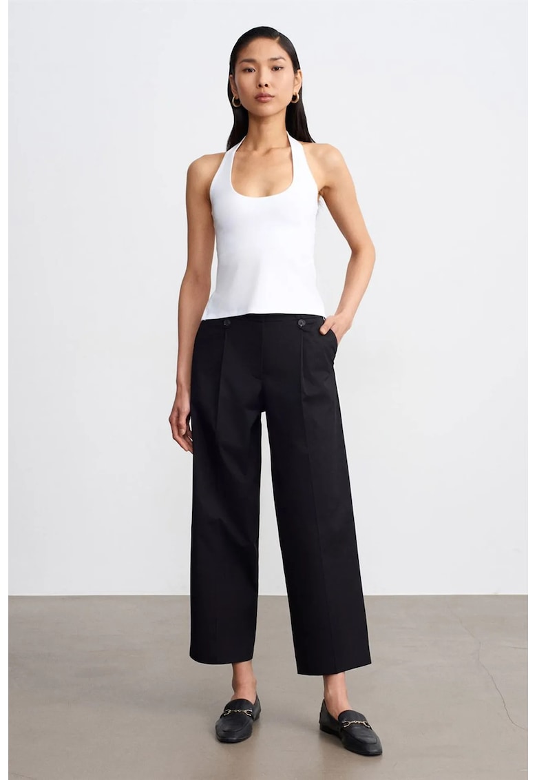 Pantaloni dama - bumbac - talie inalta - picior larg - negru - Negru