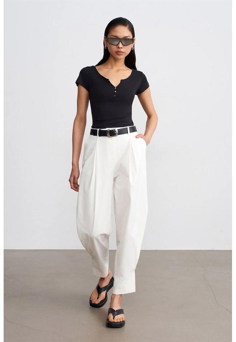 Pantaloni dama - talie inalta - alb prafuit - poplin - Alb