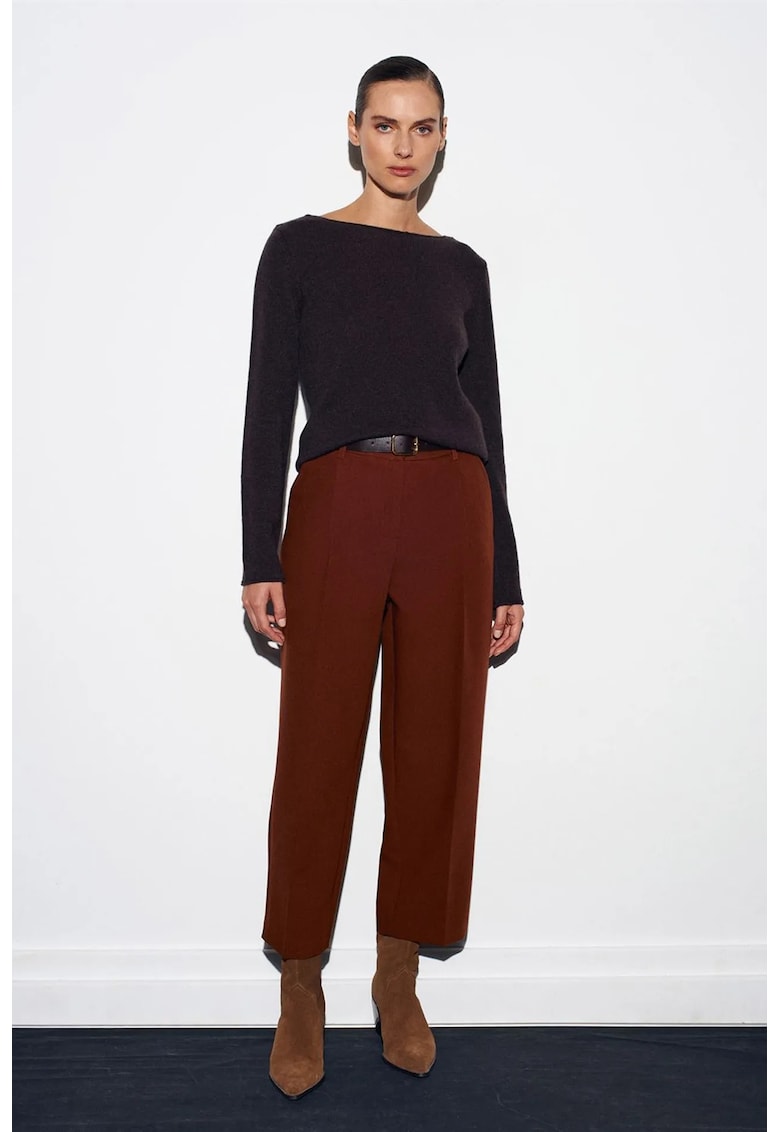 Pantaloni dama - croiala dreapta - talie cu cordon - Maro Nuc - tesatura crep