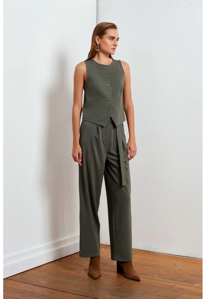 Pantaloni dama - talie inalta - Verde Kaki - poliester - Gri