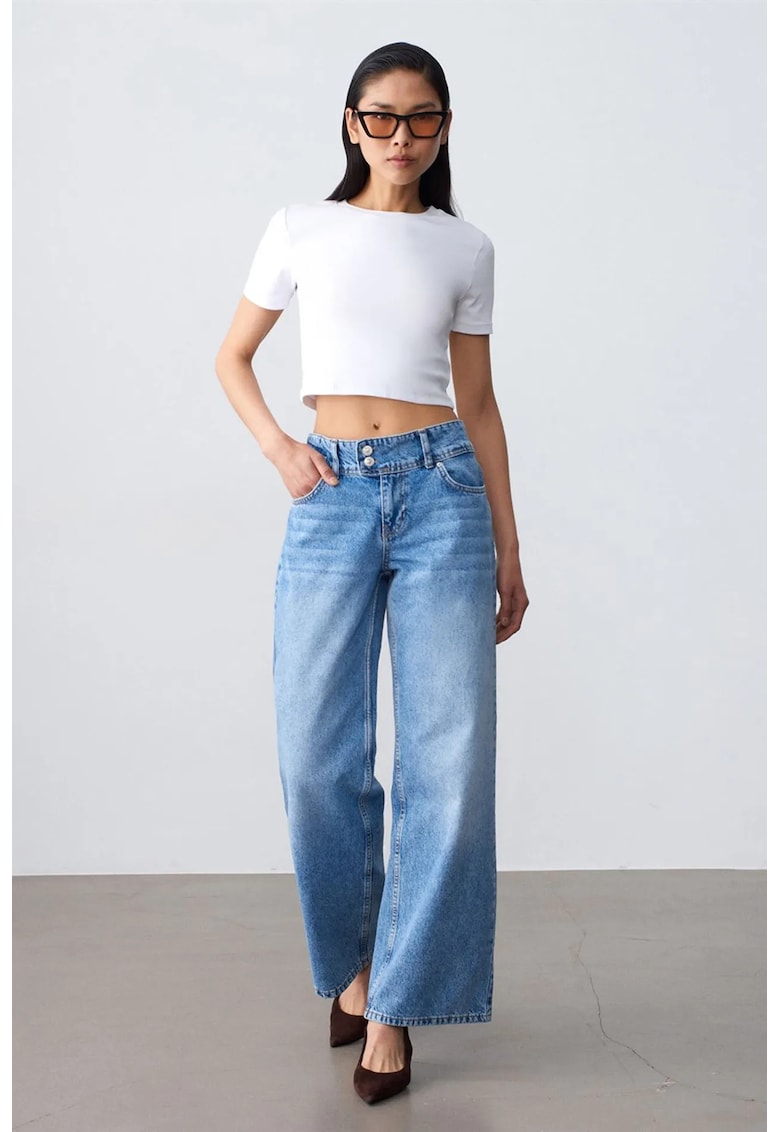 Blugi dama - talie inalta - croiala larga - denim albastru deschis-mediu - bumbac 100%