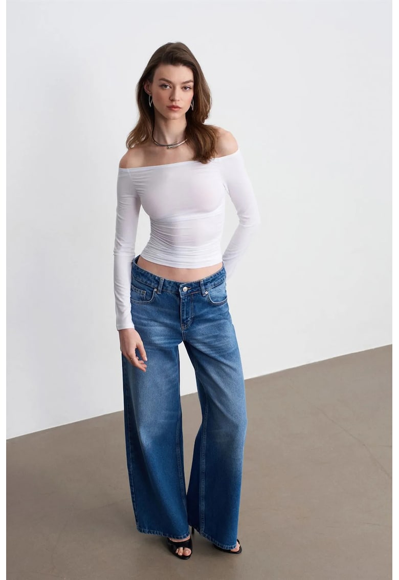 Blugi dama - talie joasa - croiala larga - denim albastru mediu - 100% bumbac