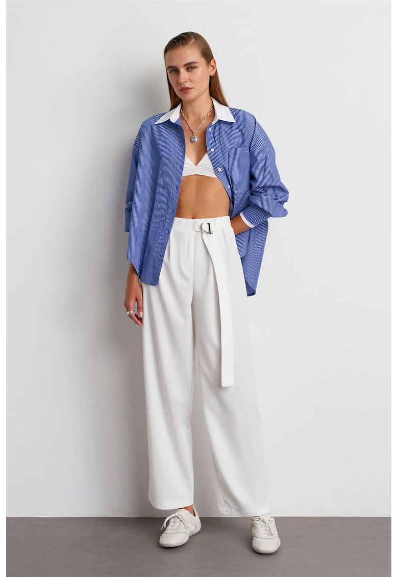 Pantaloni dama - talie inalta - picior larg - alb - poliester