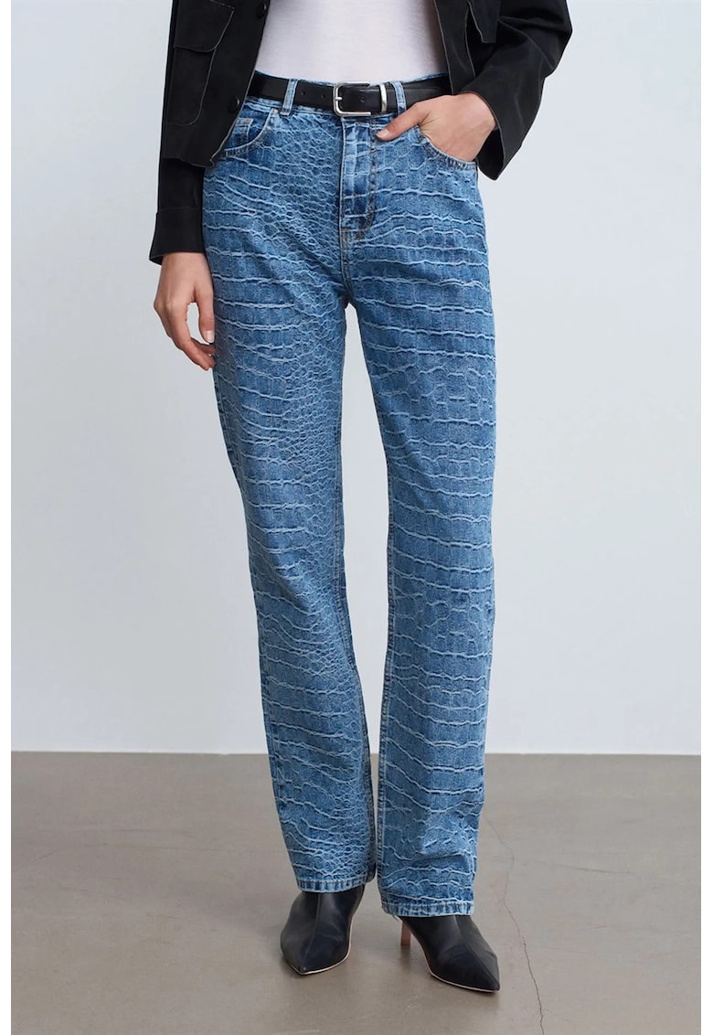 Blugi dama - talie inalta - croiala dreapta - textura - Denim albastru mediu
