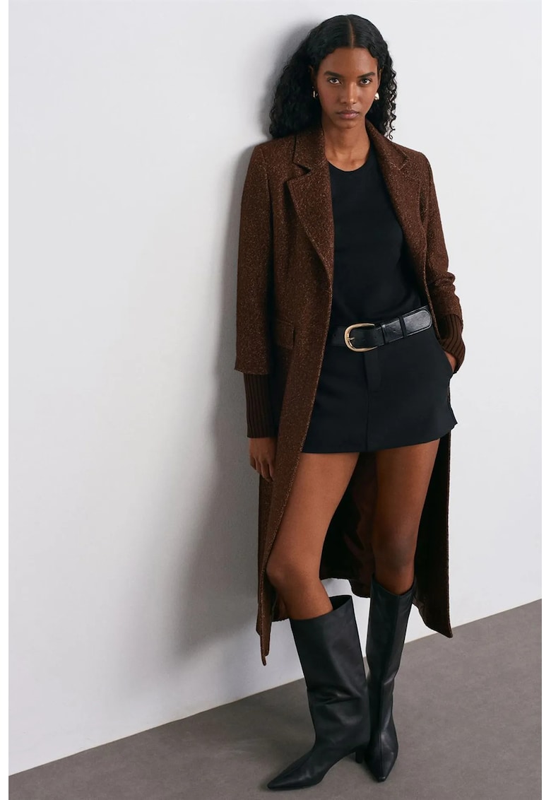 Palton lung casual - buzunar - maro cafea - tweed