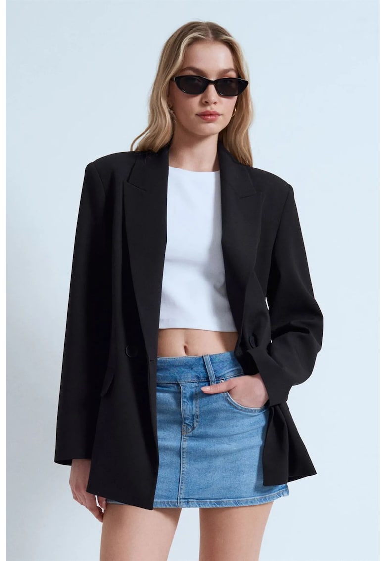 Sacou dama - blazer lung - negru - croiala regular fit - maneci lungi