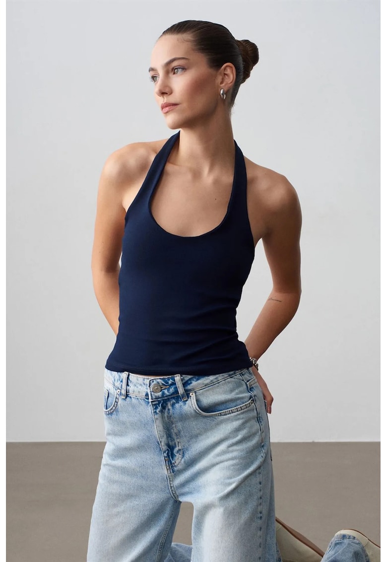 Bluza dama - fara maneci - nervuri - albastru marin - bumbac elastan