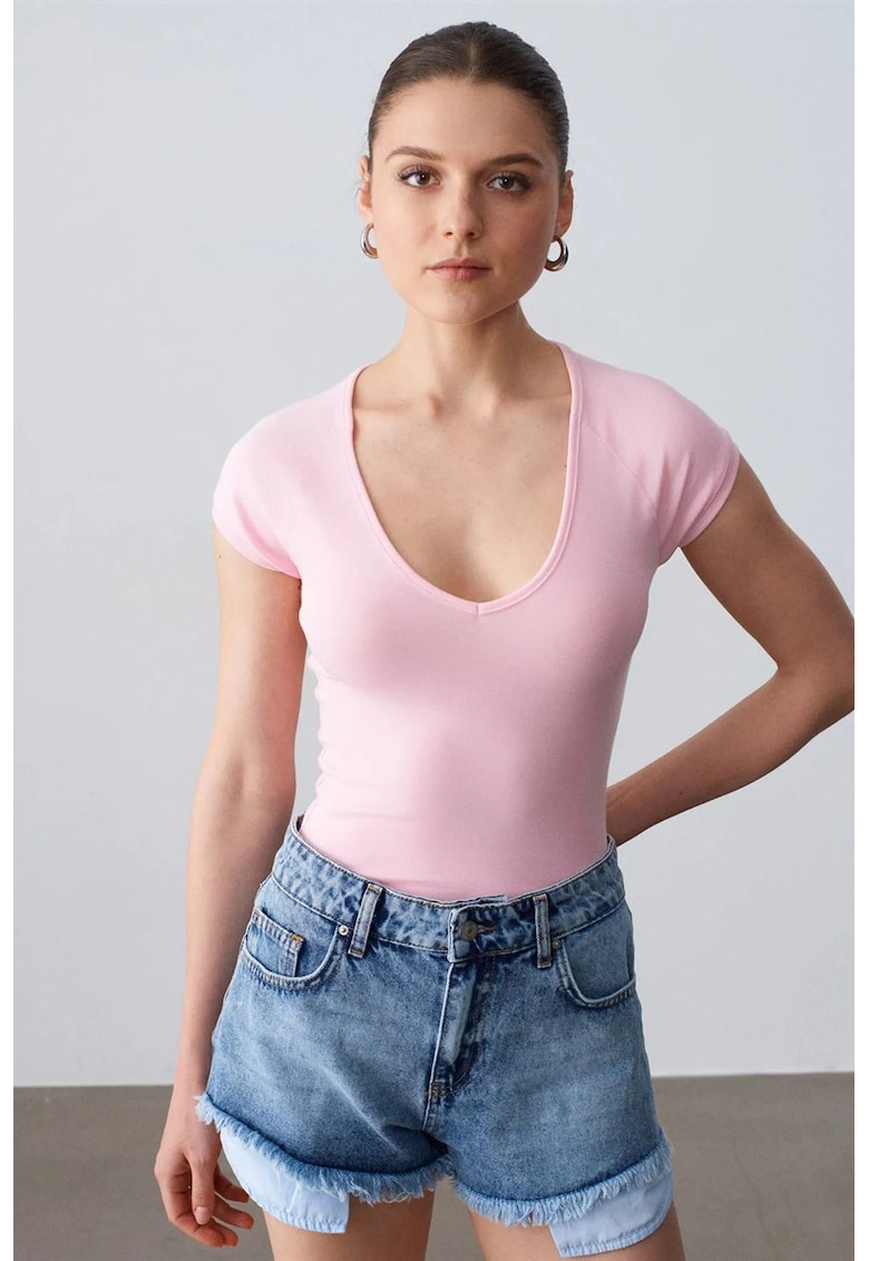 Bluza dama - crop slim fit - elastic - roz pudrat - bumbac/modal/elastan