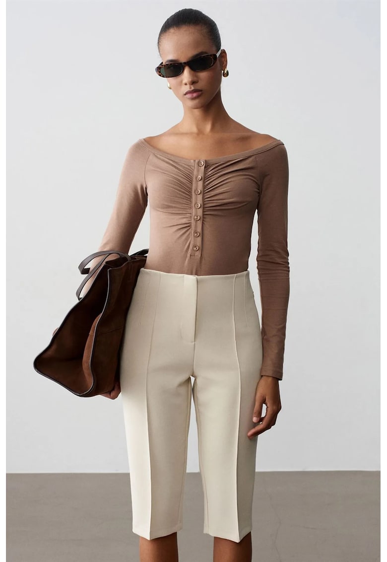 Bluza Body slim-fit - decolteu barcuta - bej natural - amestec bumbac-modal-elastan