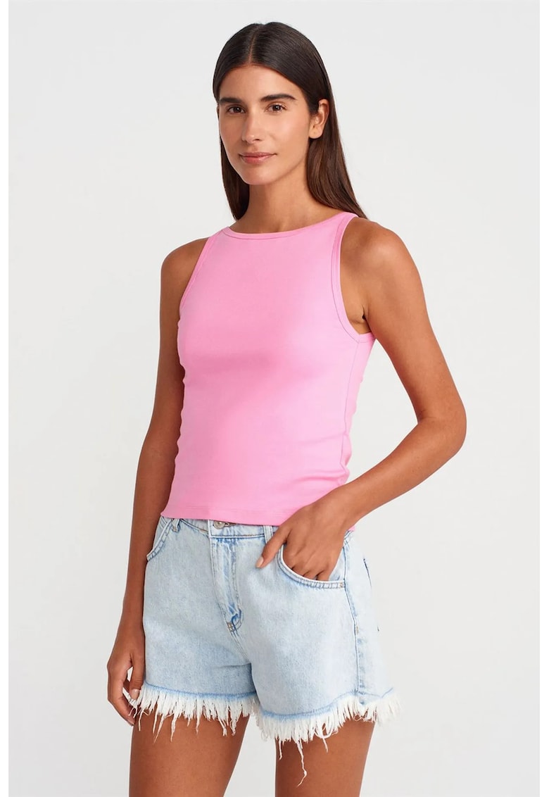 Bluza dama - cu guler halter - croiala slim - roz aprins - bumbac/modal/elastan