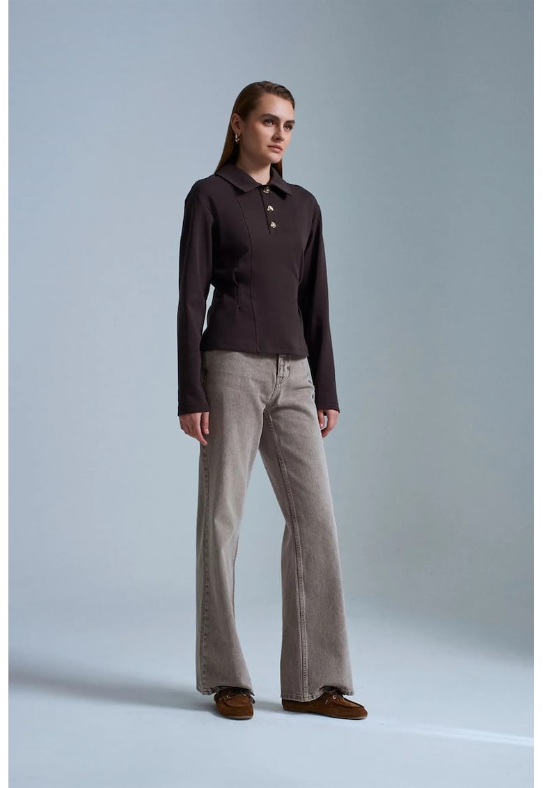 Bluza dama - polo - maneca lunga - maro - tricot din amestec de bumbac