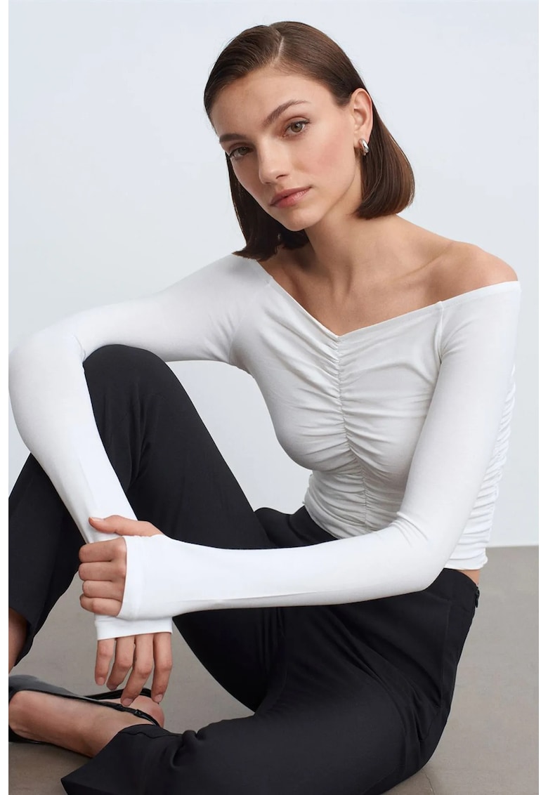 Bluza dama - Crop Top Off-Shoulder - eleganta - alb - drapaj
