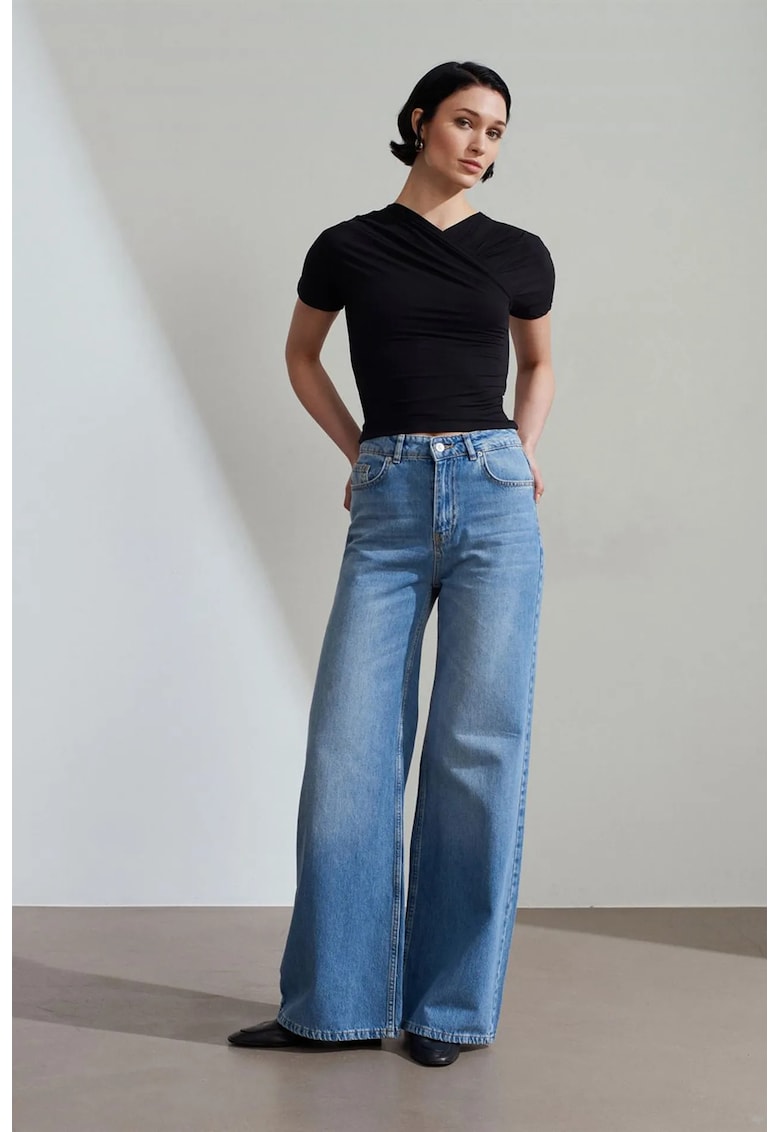 Blugi dama - talie inalta croiala larga denim albastru deschis-mediu - 100% bumbac