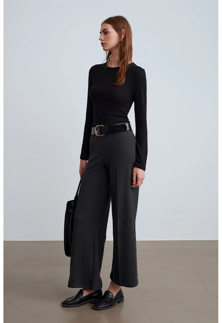 Pantaloni dama - picior larg - elastic - gri antracit - bumbac si poliester