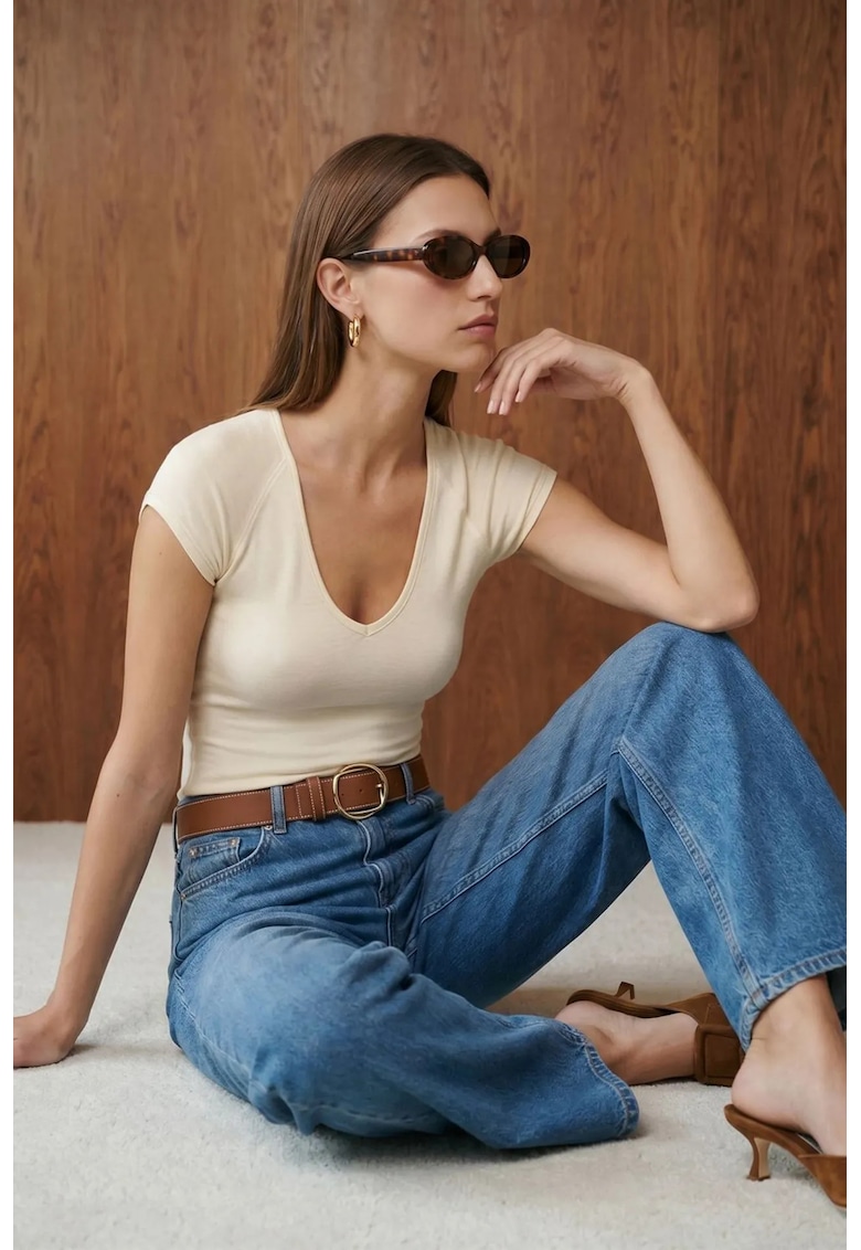 Bluza dama - top scurt - elastic - crem - tricot din bumbac - modal si elastan