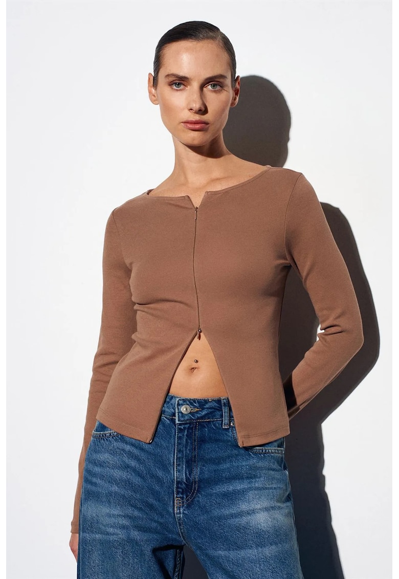 Bluze dama - Bluza Slim Fit - casual - maro camel - bumbac elastan