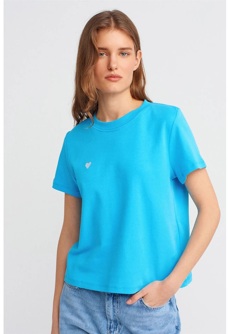 Tricou dama - tricou din bumbac - broderie - albastru cerulean - maneca scurta -