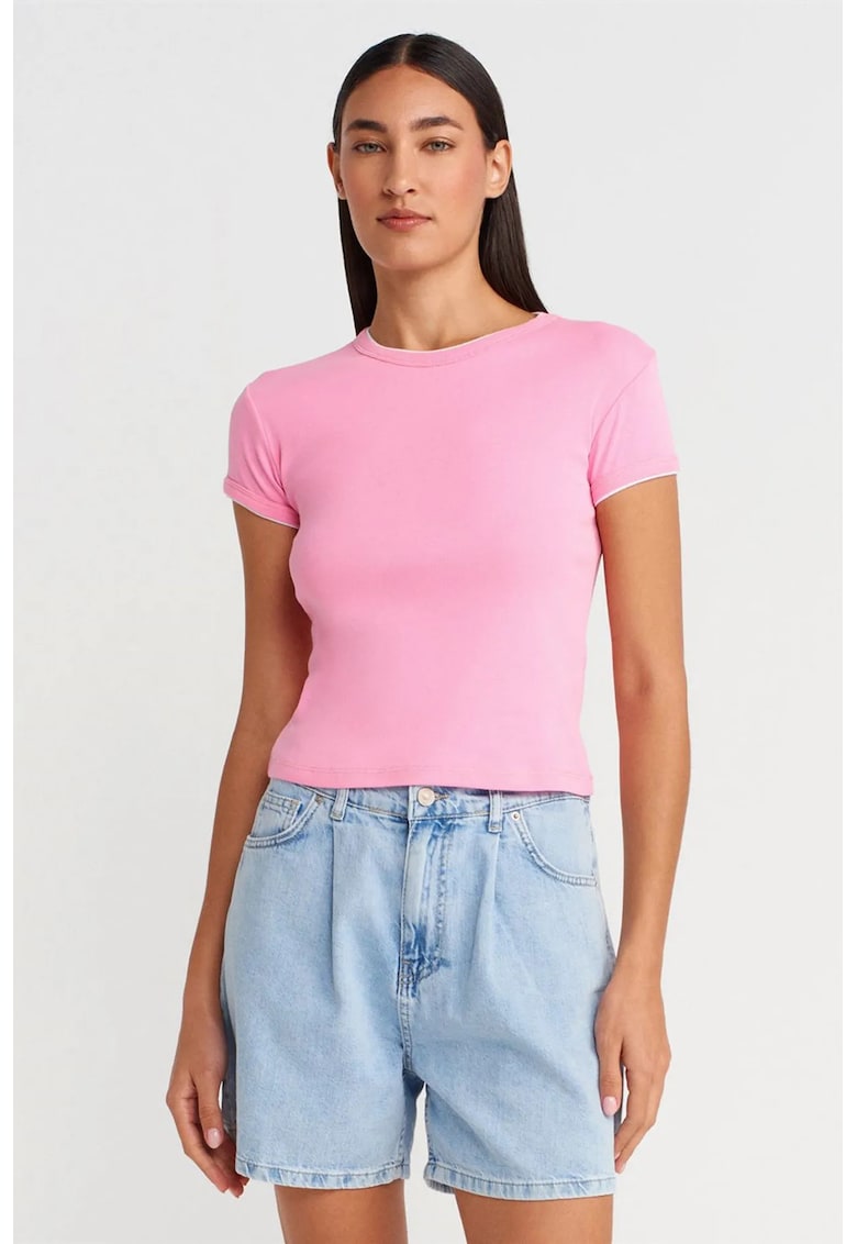 Tricou crop - slim fit - roz aprins - bumbac