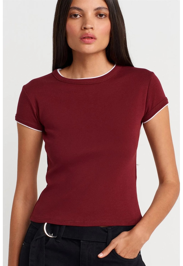 Tricou crop - bumbac - slim fit - rosu burgundy - maneci scurte