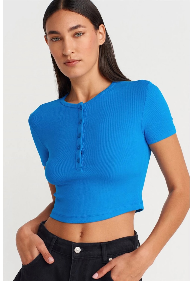 Bluza crop - slim fit - albastru cobalt - maneci scurte - 94% viscoza - 6% elastan