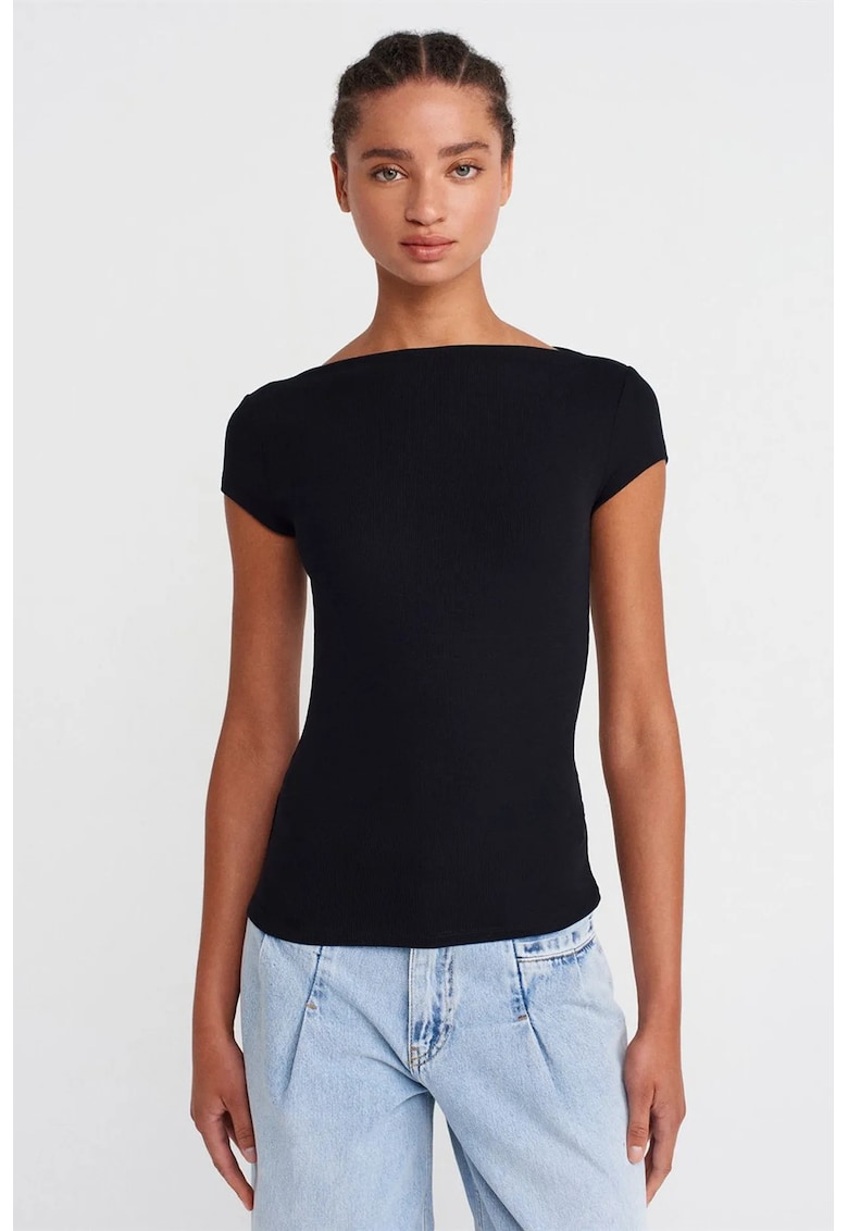 Tricou dama - tricou cu guler barcuta - slim fit - negru - 94% viscoza - 6% elastan