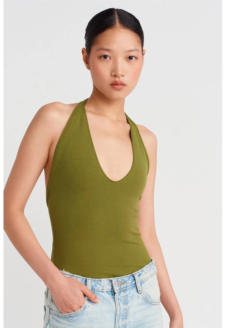 Bluza dama - Slim Fit cu guler Halterneck si decupaje - Verde Kaki - viscoza-poliester-elastan