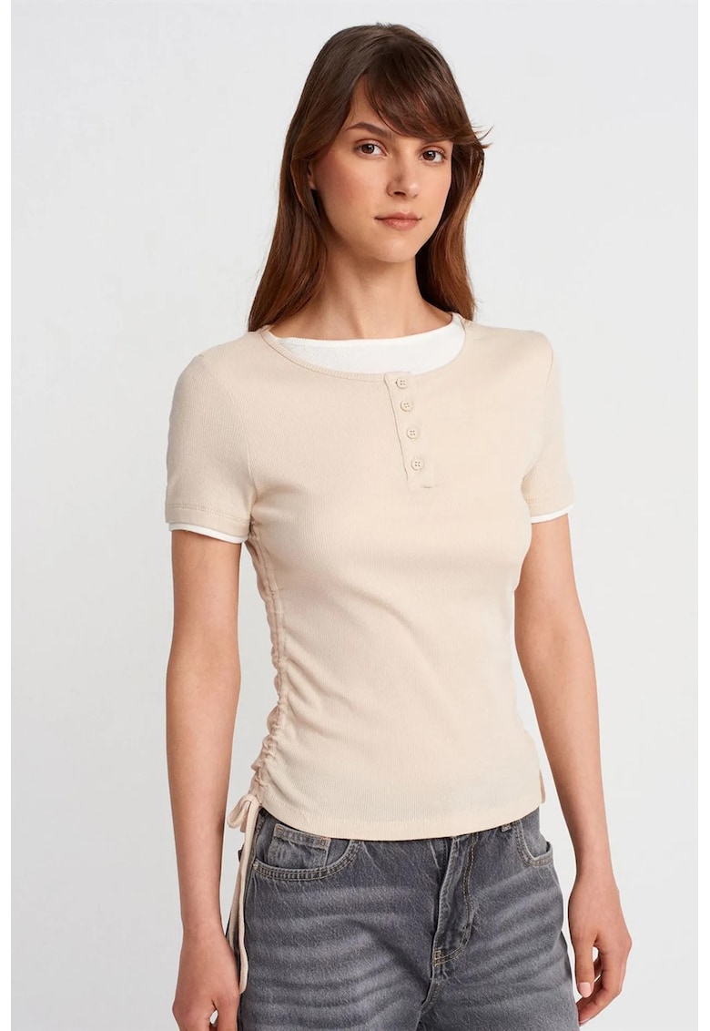 Tricou dama bumbac - slim fit - detalii cu snur - bej natural